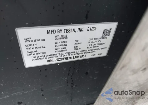 2025 Tesla Cybertruck All-Wheel Drive z USA, uszkodzony, nr VIN 7G2CEHED1SA061865